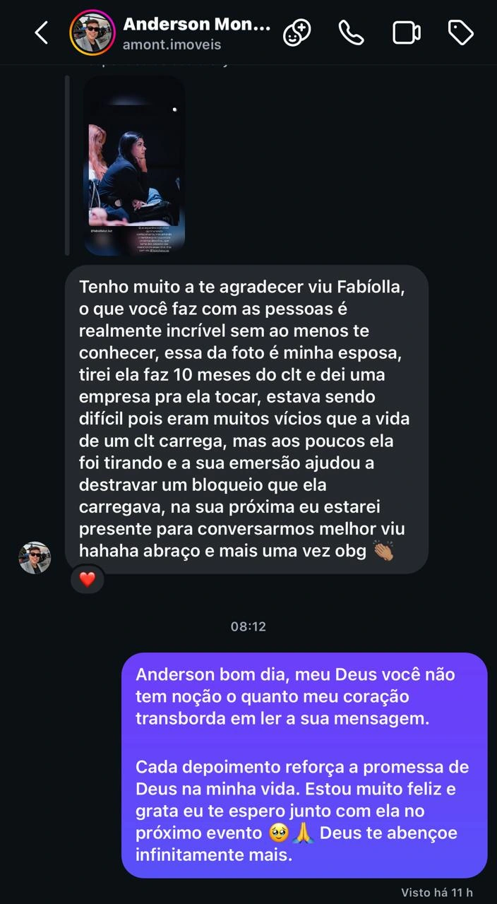 Mensagem de Anderson agradecendo pela experiência de sua esposa em uma imersão com Fabíola Luz