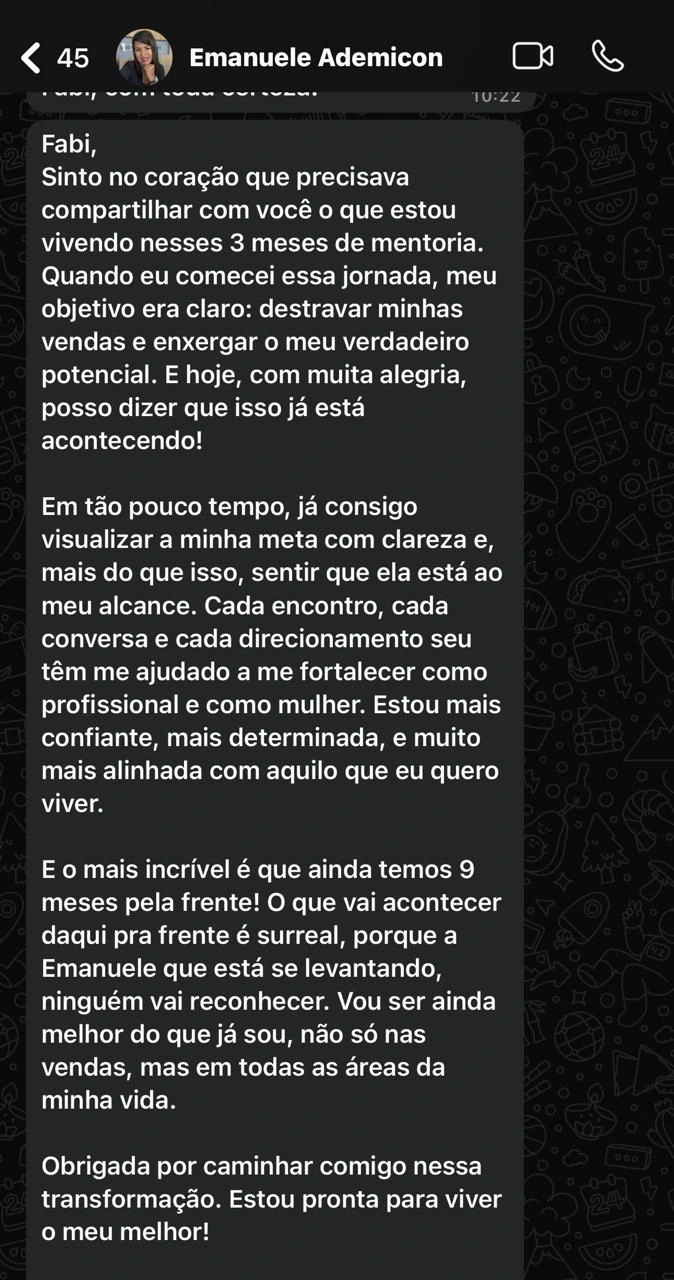 Mensagem de Emanuele sobre três meses de mentoria, clareza de metas e fortalecimento profissional