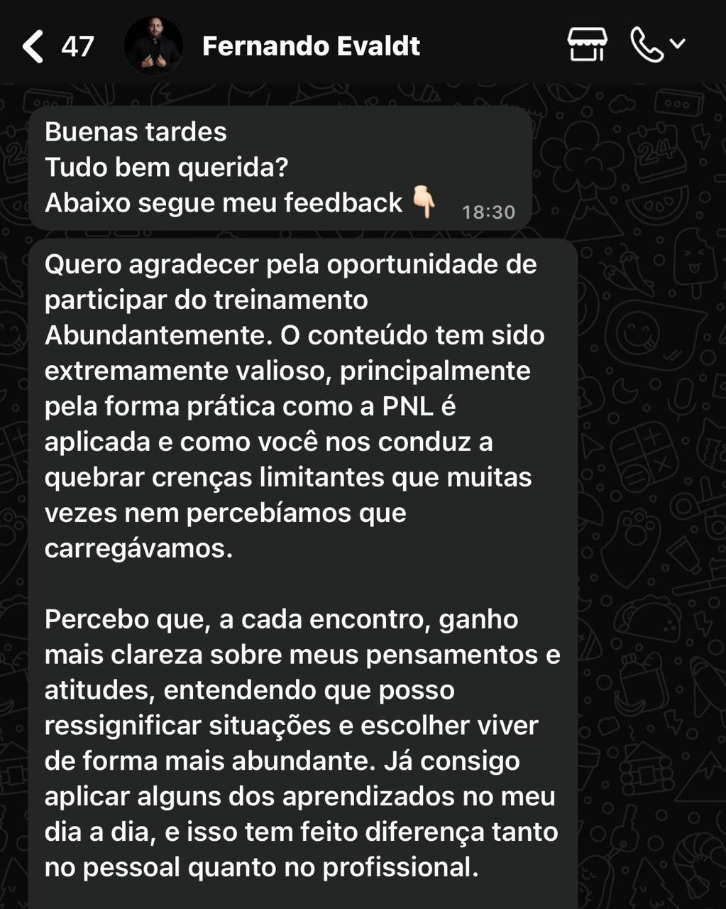 Mensagem de Fernando Evaldt sobre clareza e aplicação dos aprendizados do treinamento Abundantemente no dia a dia